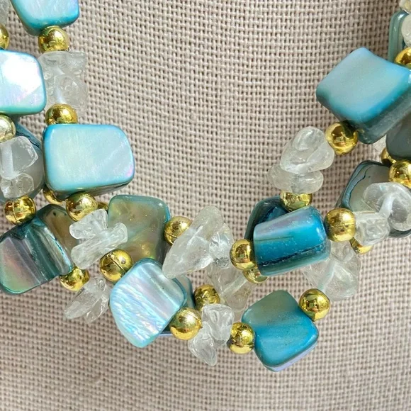 White glass seed bead and aqua dyed shell chunk necklace with goldtone spacers - Picture 2 of 10